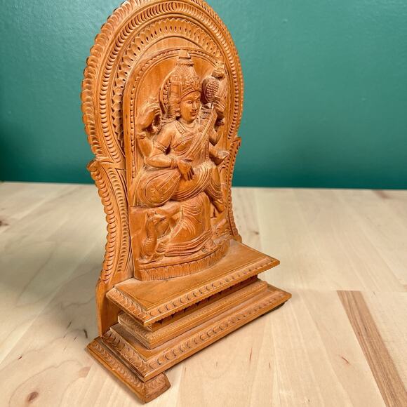 Vintage Hand Carved Wood Hindu Goddess Saraswati Figure Statue 7.5” See Note - Picture 2 of 7